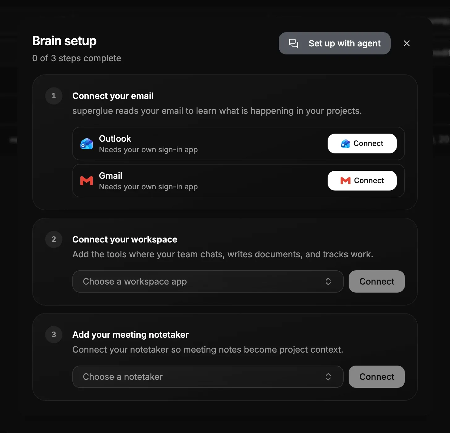 Brain setup dialog with steps to connect email, a workspace and a meeting notetaker