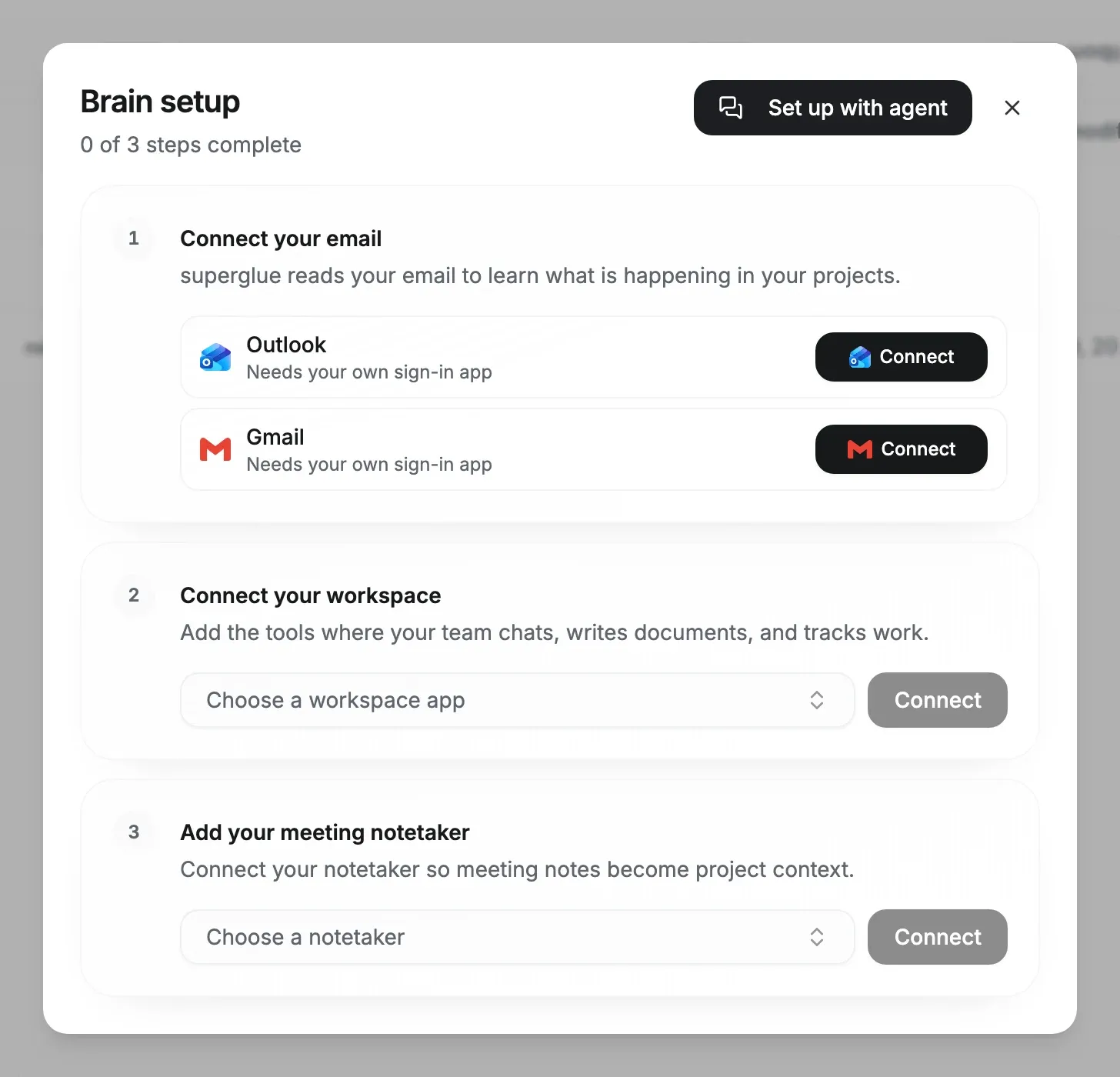 Brain setup dialog with steps to connect email, a workspace and a meeting notetaker