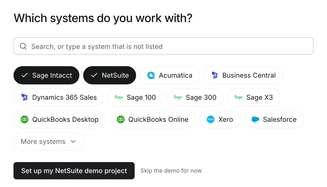 Onboarding screen that asks which systems you work with, with Sage Intacct and NetSuite selected