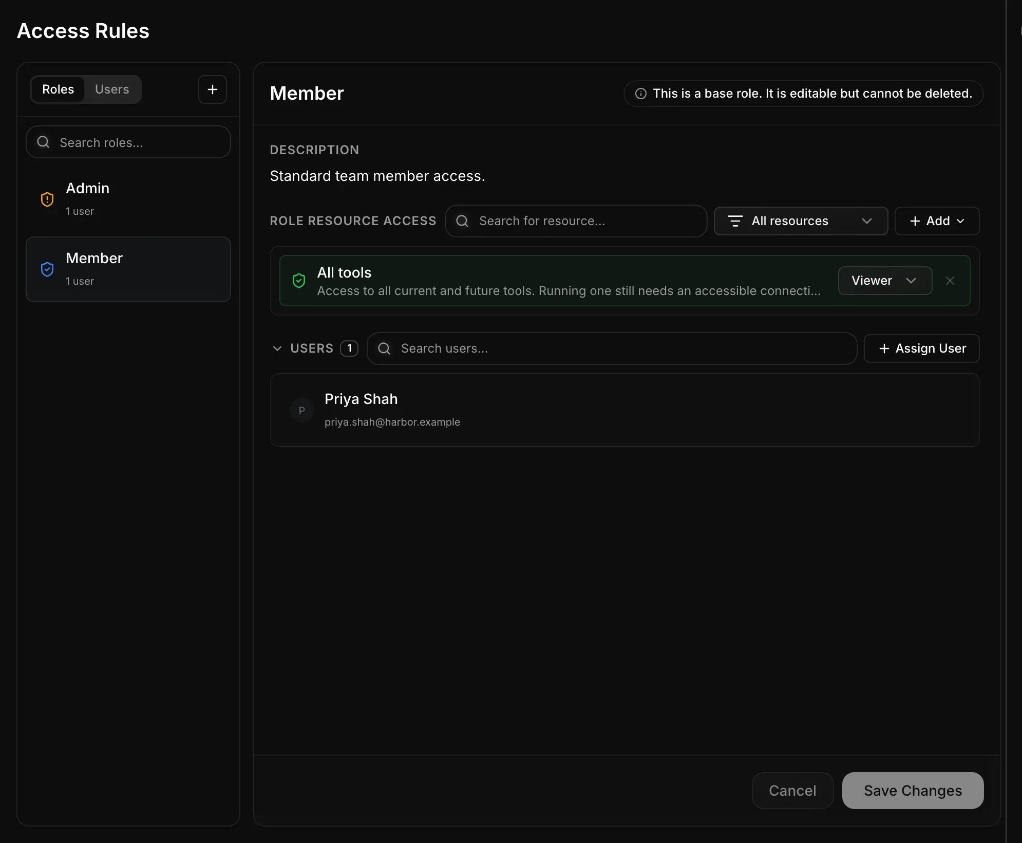 Access Rules with the Member role selected, viewer access to all tools and one assigned user