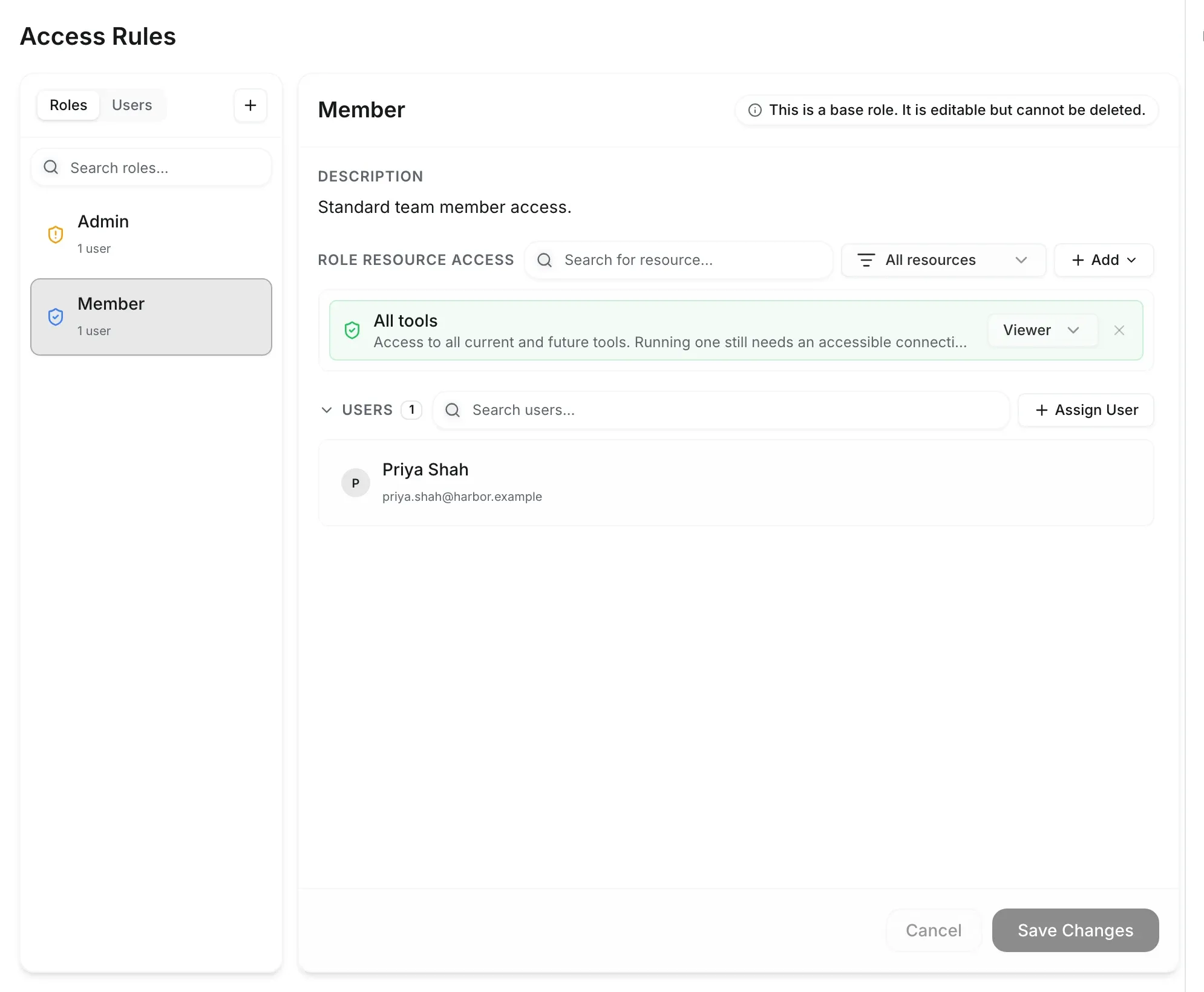 Access Rules with the Member role selected, viewer access to all tools and one assigned user