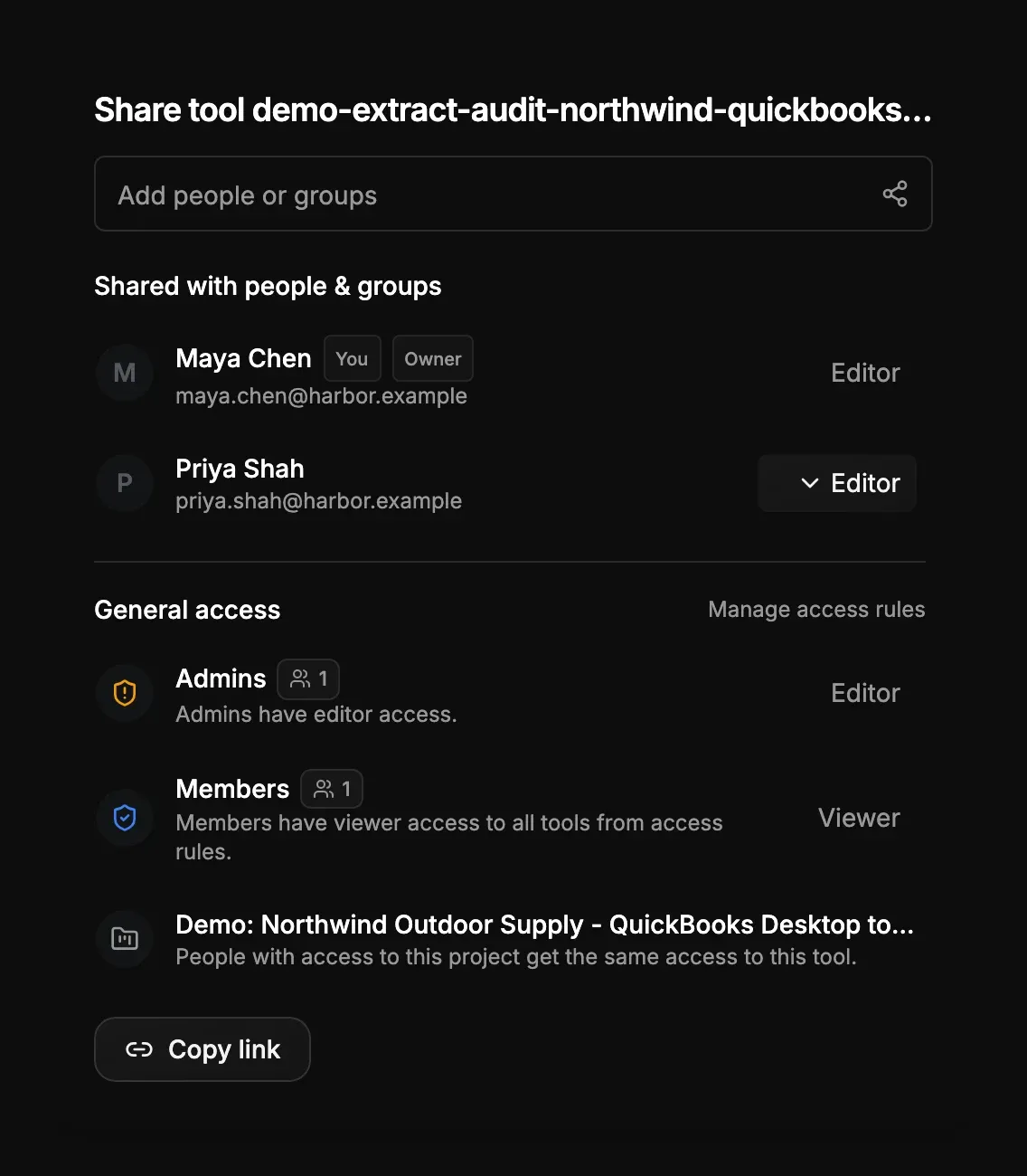 Share dialog with the owner, a direct editor share, and general access from roles and a project