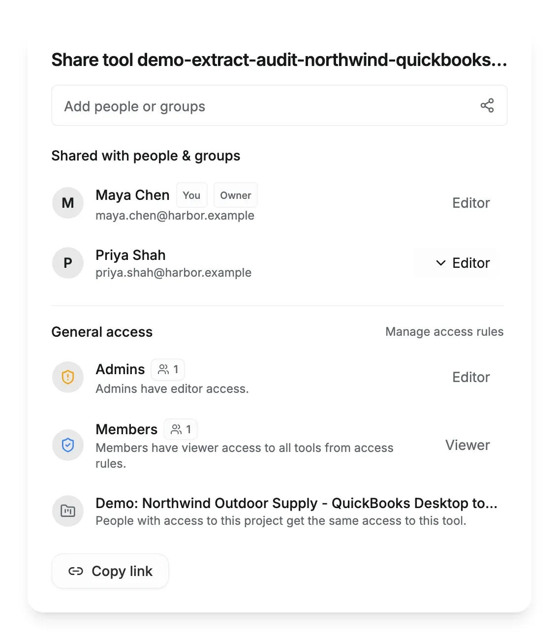Share dialog with the owner, a direct editor share, and general access from roles and a project