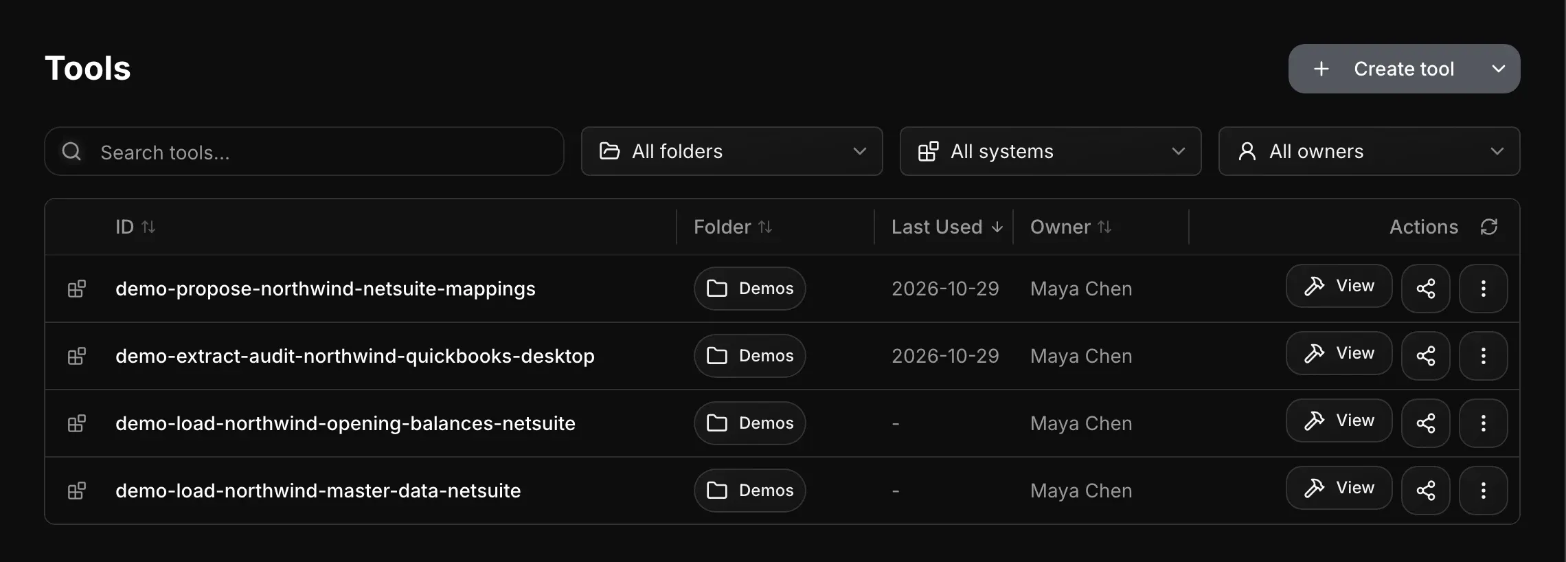 Tools list with View, Share and more actions on each row