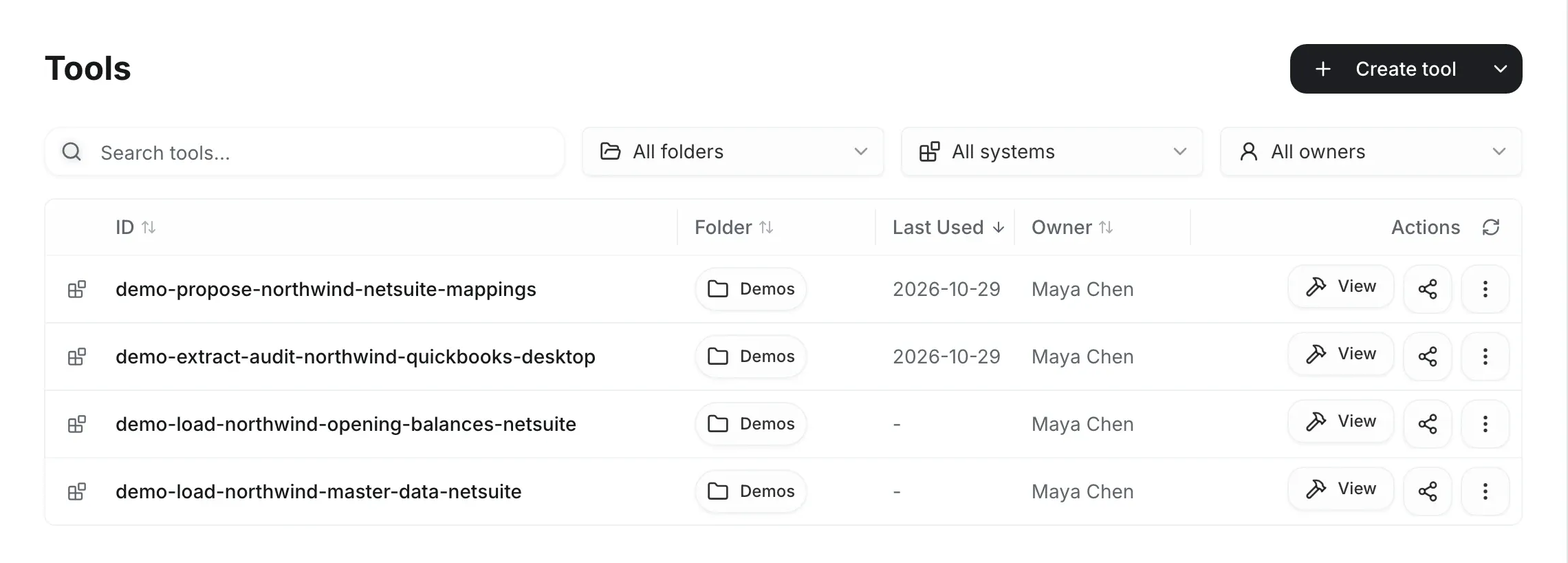 Tools list with View, Share and more actions on each row