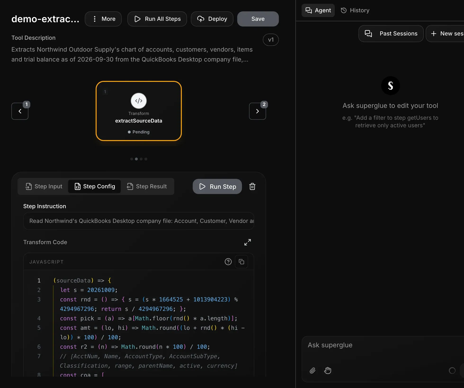 Tool editor with the step carousel, the transform code of a step and the agent panel