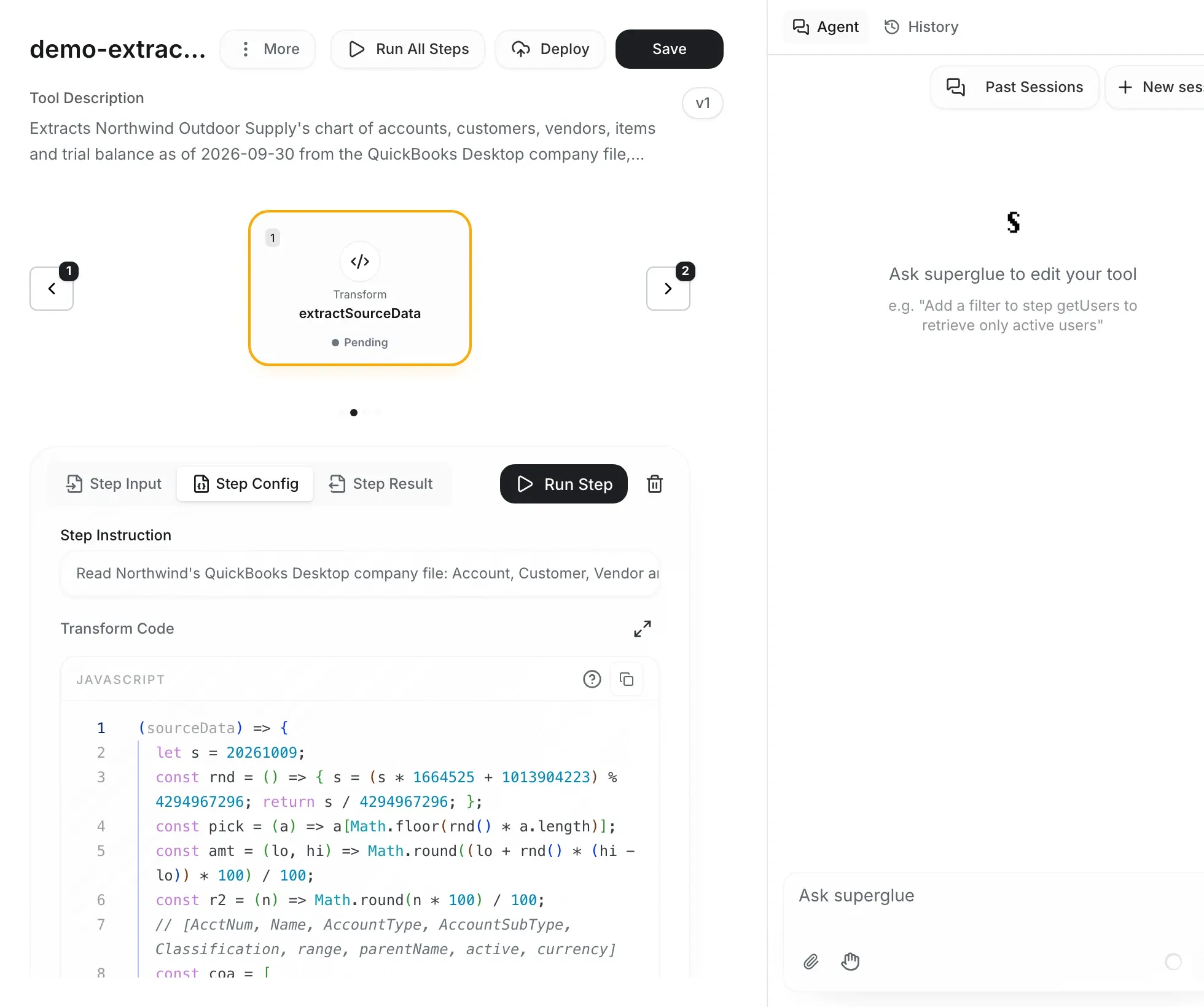 Tool editor with the step carousel, the transform code of a step and the agent panel
