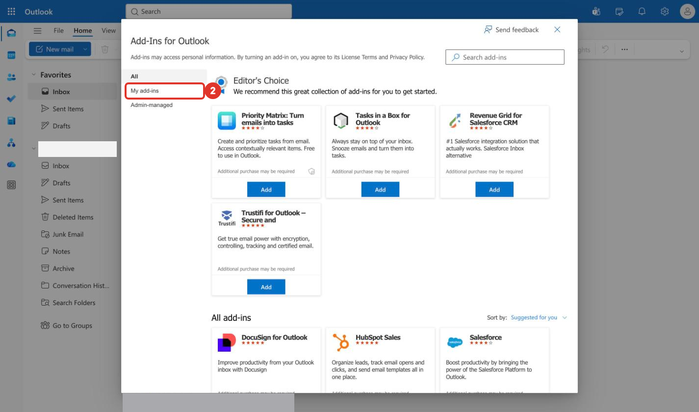 Add-Ins for Outlook window with My add-ins highlighted